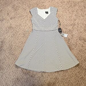 Adrianna Papell Black and White Striped Cap Sleeve Midi Dress